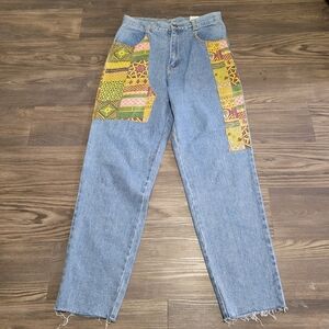 Vintage Seruchi Womens Denim Jeans Patchwork Suede Overlay Bohemian High-Rise